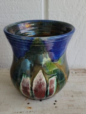 Handmade Blue, Green and Red Small  Ceramic Vase with Iridescent Glaze
